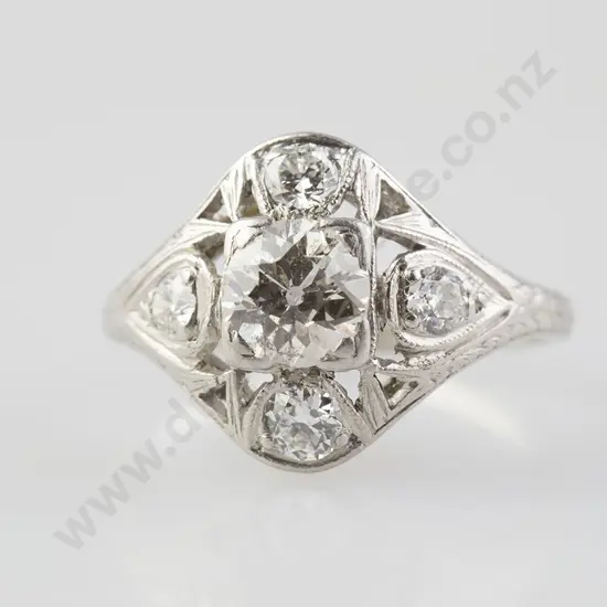 Art Deco All Platinum Five Stone Diamond Ring