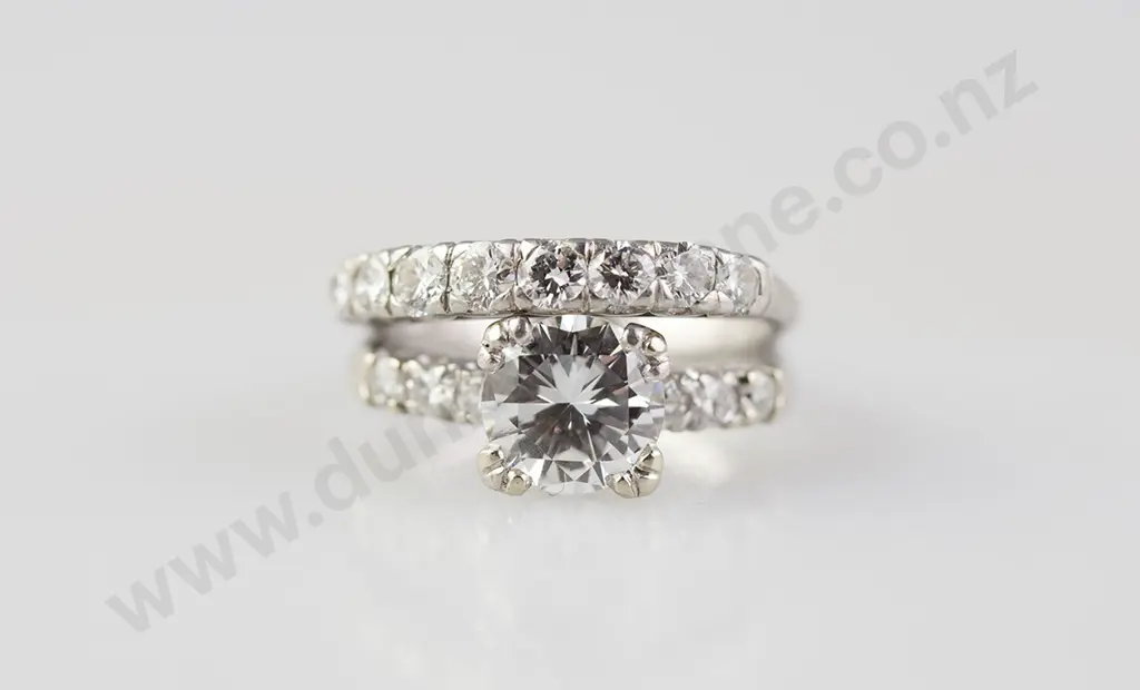 All Platinum Solitaire Diamond Ring and Band Image 1++