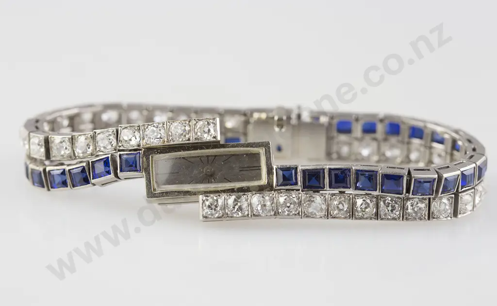 All Platinum Art Deco Ladies Diamond & Sapphire Wrist Watch Image 1++