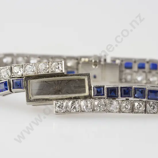All Platinum Art Deco Ladies Diamond & Sapphire Wrist Watch