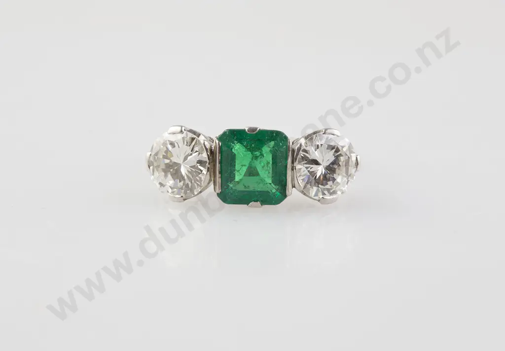 All Platinum Three Stone Emerald & Diamond Ring Image 1++