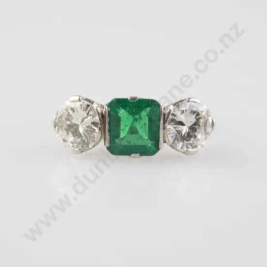 All Platinum Three Stone Emerald & Diamond Ring