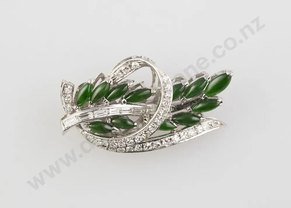 All Platinum Jade & Diamond Spray Brooch Image 1++