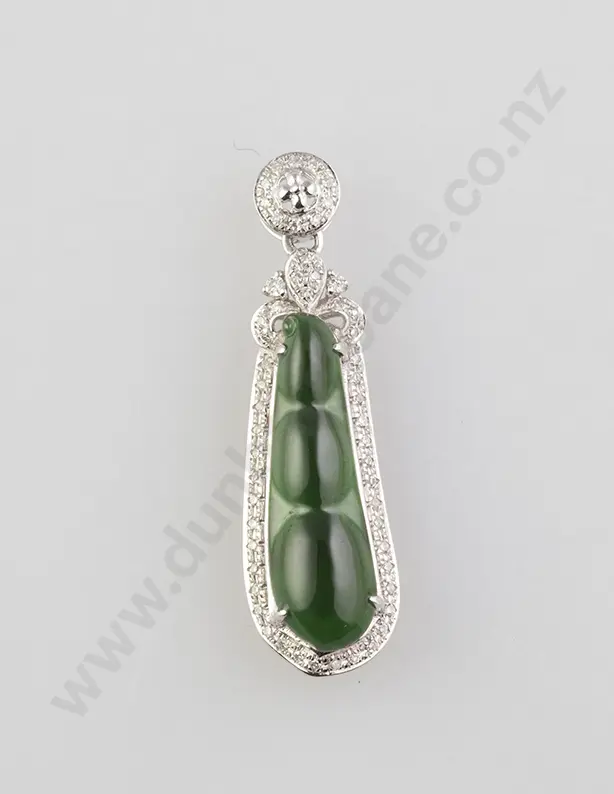 18ct White Gold Fine Jade & Diamond Pendant Image 1++