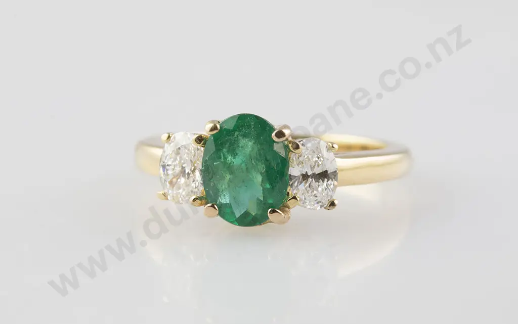 18ct Three Stone Emerald & Diamond Bridge Ring Image 1++