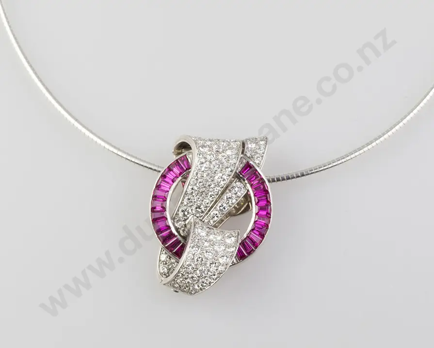 Platinum & 18ct White Gold Art Deco Ruby & Diamond Dress Clip Image 1++