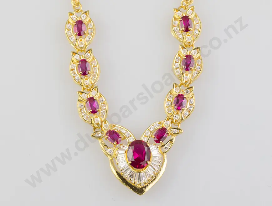 22ct Yellow Gold 100stone Synthetic Ruby & Diamond Necklace Image 1++