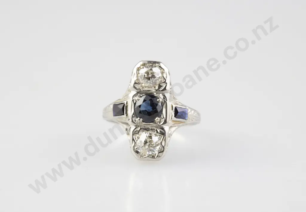 18ct White Gold Three Stone Sapphire & Diamond Dress Ring Image 1++