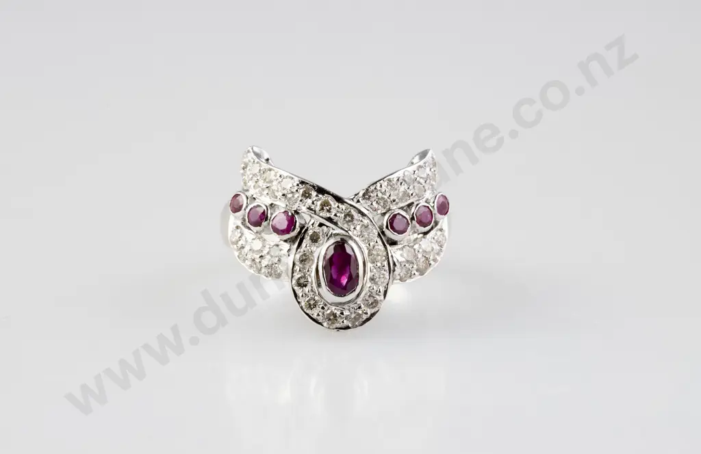 18ct White Gold 49stone Ruby & Diamond Dress Ring Image 1++