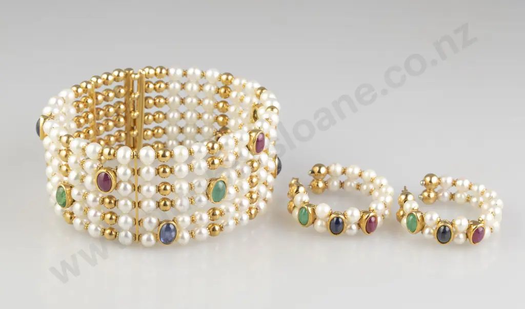 18ct Cultured Pearl Ruby Emerald & Sapphire Cuff Bangle with Matching Earrings Image 1++