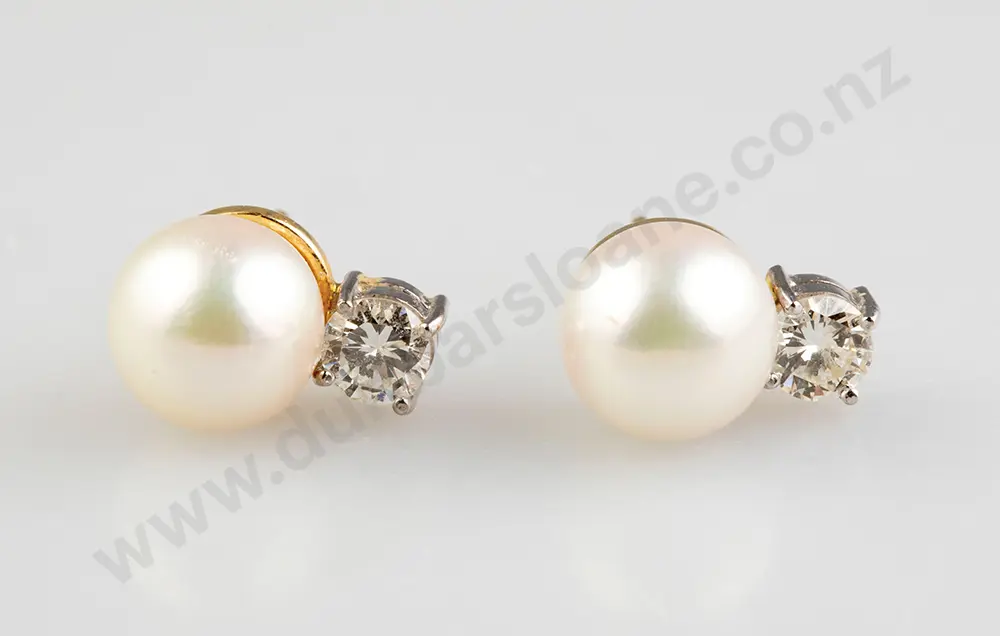 Pair Cultured Pearl & Diamond Earrings Image 1++