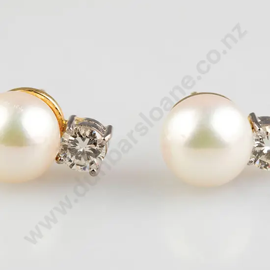 Pair Cultured Pearl & Diamond Earrings