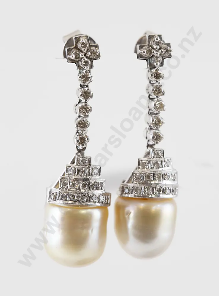 Pair Platinum Pearl & Diamond Pendant Earrings Image 1++
