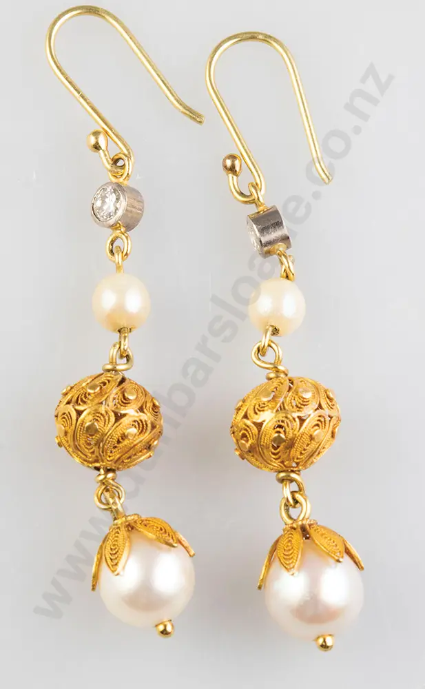 Pair (22ct) Gold Filigree Pearl & Diamond Pendant Earrings Image 1++