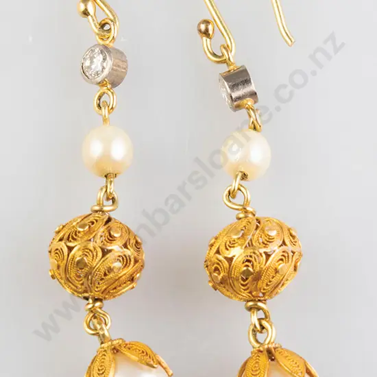 Pair (22ct) Gold Filigree Pearl & Diamond Pendant Earrings