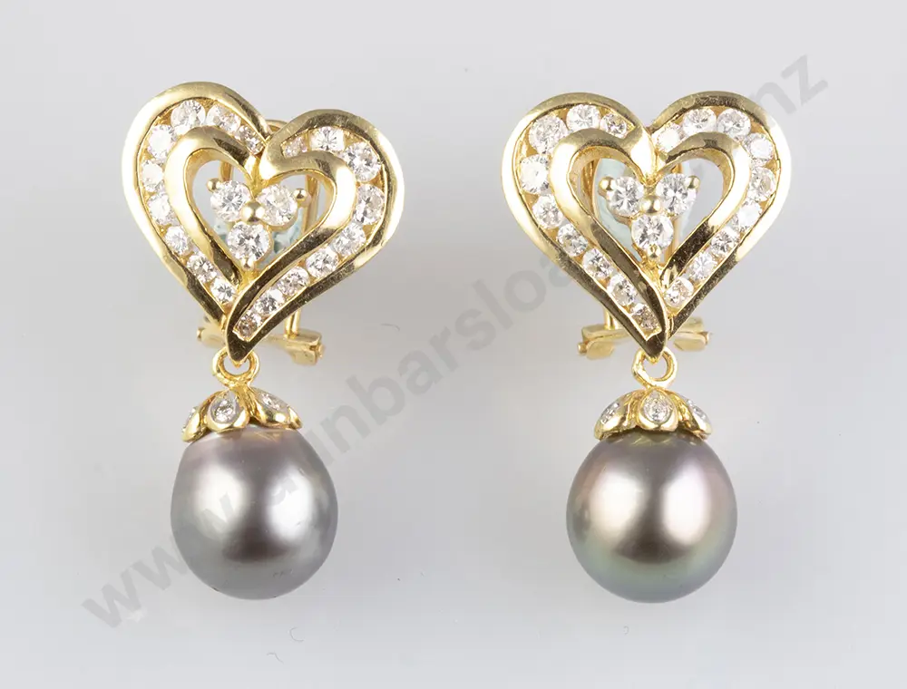 Pair 18ct Diamond and Black Pearl Pendant Earrings Image 1++