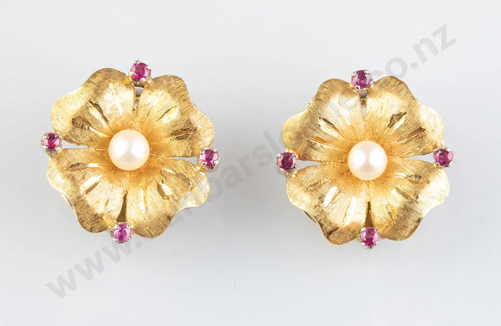 Pair 14ct Pearl & Ruby Earrings Image 1++