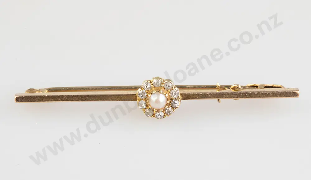 Edwardian 9ct Eleven Stone Pearl & Diamond Floret Cluster Bar Brooch Image 1++