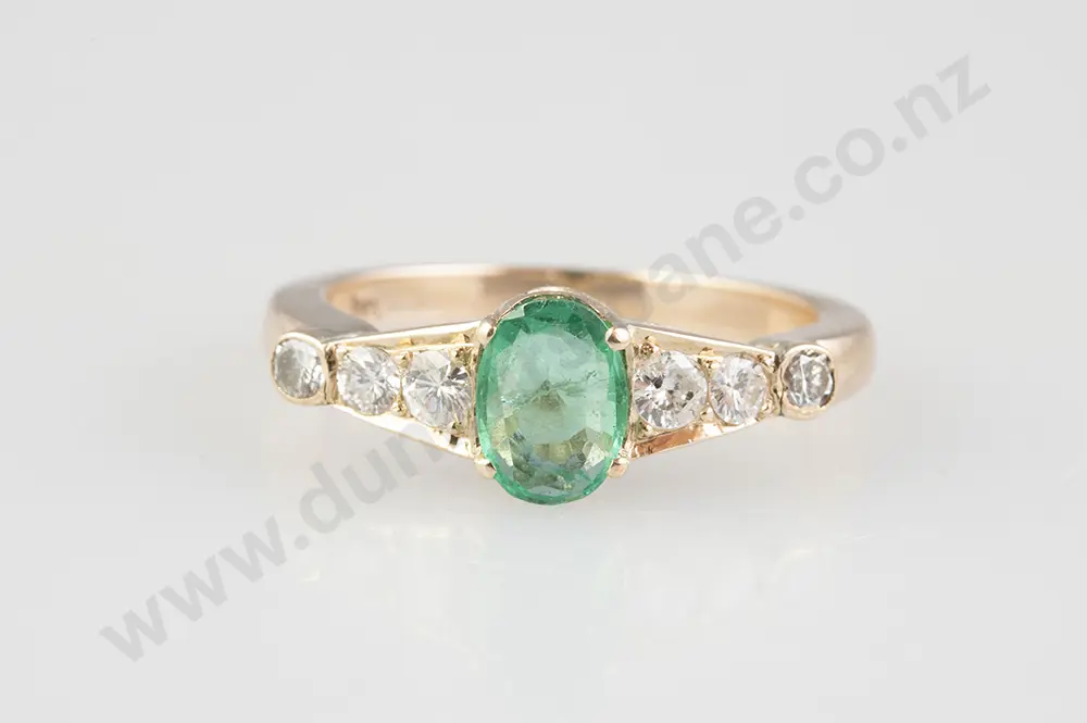 14ct Seven Stone Emerald & Diamond Bridge Ring Image 1++