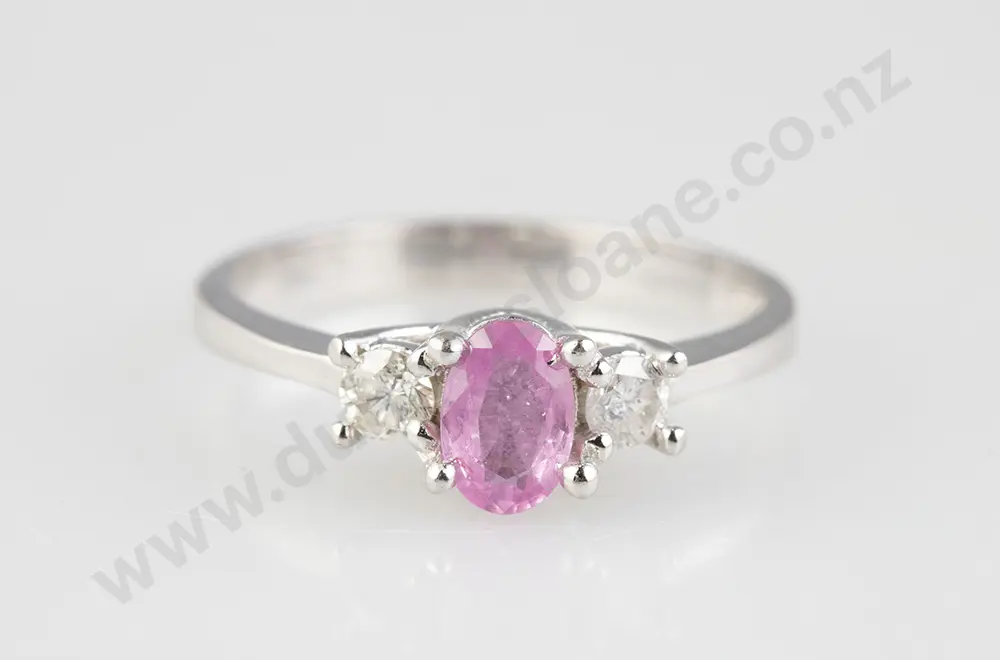 18ct White Gold Three Stone Pink Sapphire & Diamond Bridge Ring Image 1++