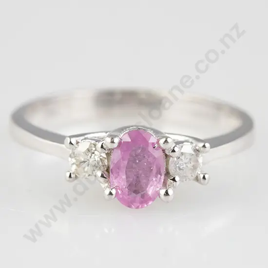 18ct White Gold Three Stone Pink Sapphire & Diamond Bridge Ring