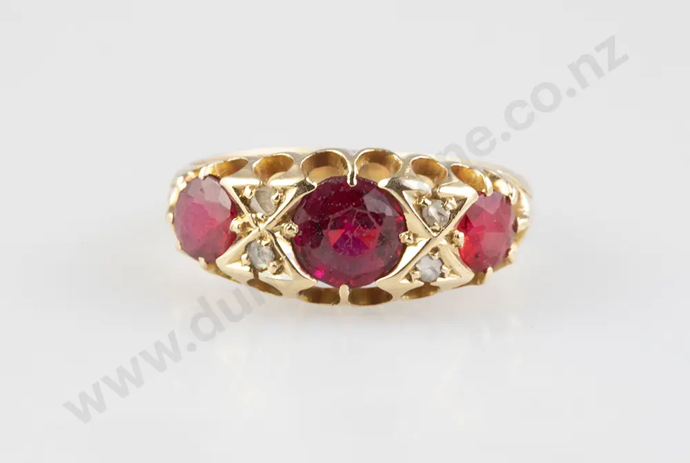 Victorian 18ct Three Stone Imitation Ruby Bridge Ring Image 1++