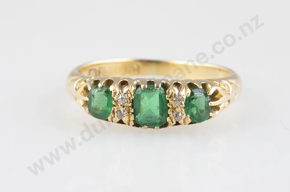 Victorian 18ct Three Stone Imitation Emerald Bridge Ring Image 1++