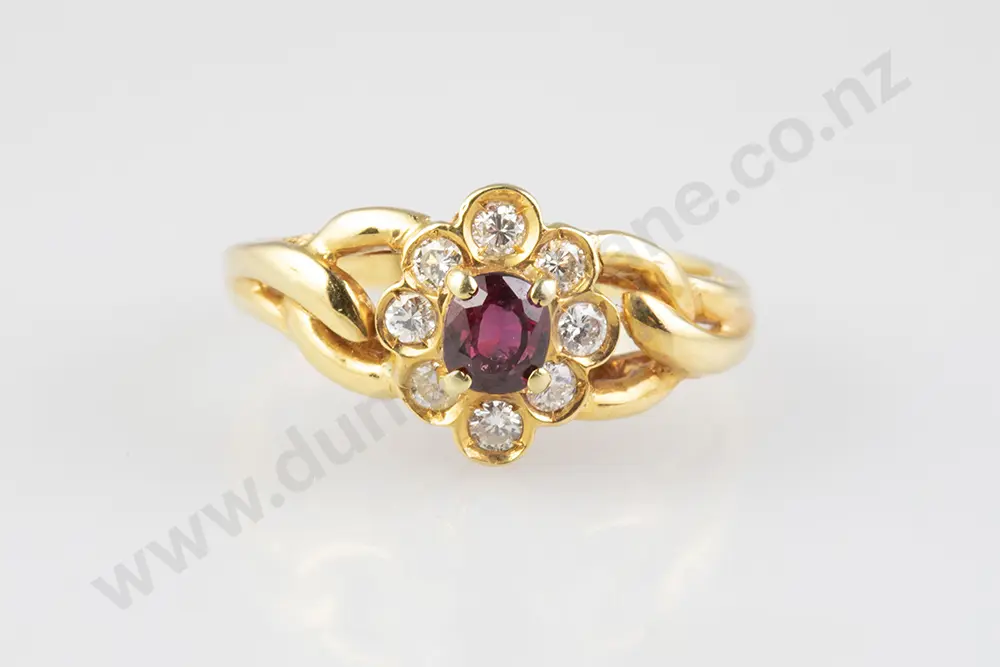 14ct Nine Stone Ruby & Diamond Floret Cluster Ring Image 1++