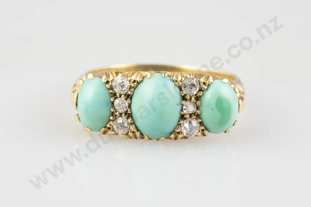 Victorian 18ct Three Stone Turquoise Bridge Ring Image 1++