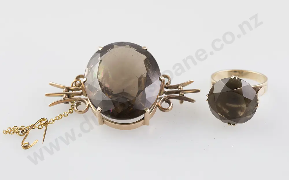 9ct Single Smokey Quartz Dress Ring & Brooch Image 1++