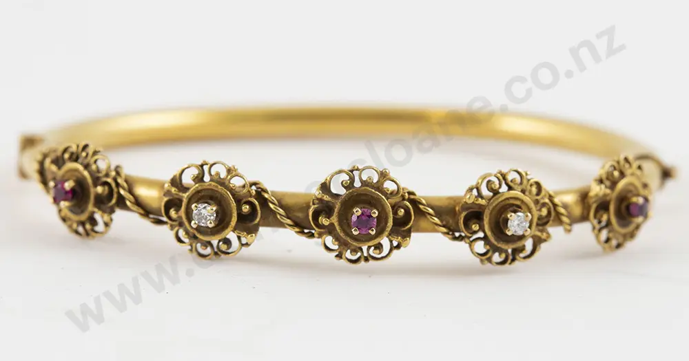 14ct Five Stone Ruby & Diamond Hinged Snap Bangle Image 1++