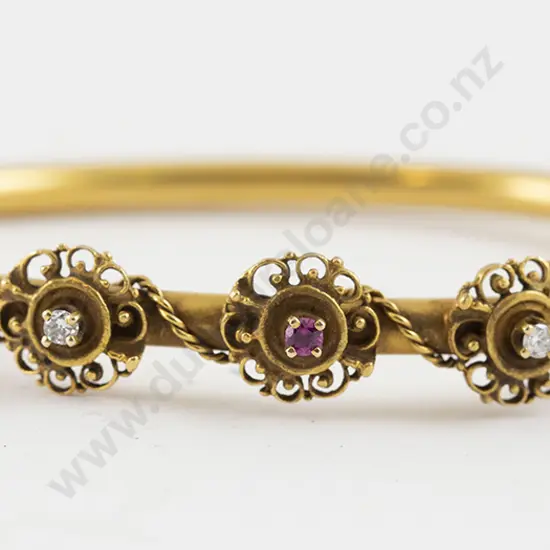 14ct Five Stone Ruby & Diamond Hinged Snap Bangle