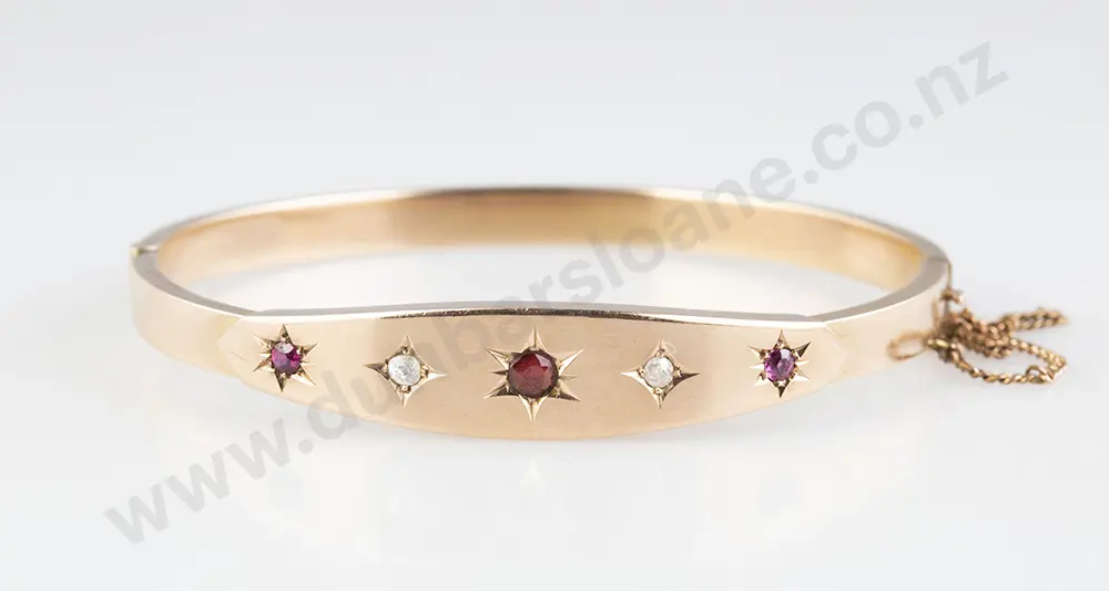 Late Vict Five Stone Ruby & Diamond Hinged Snap Bangle Image 1++