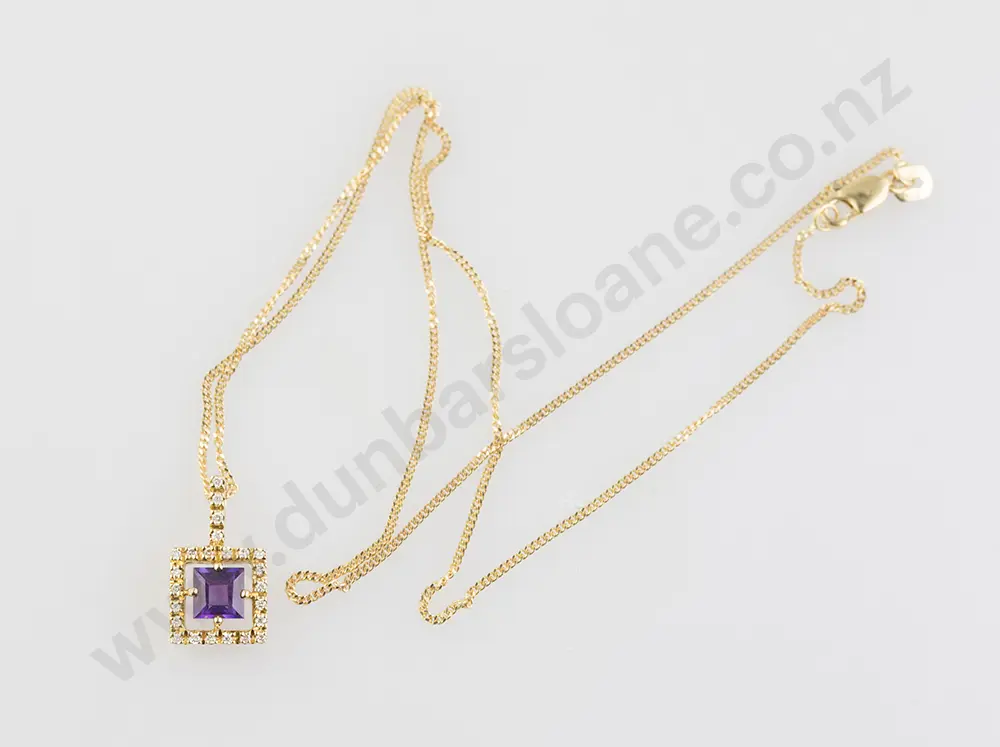 18ct SIigle Amethyst & Diamond Pendant Image 1++