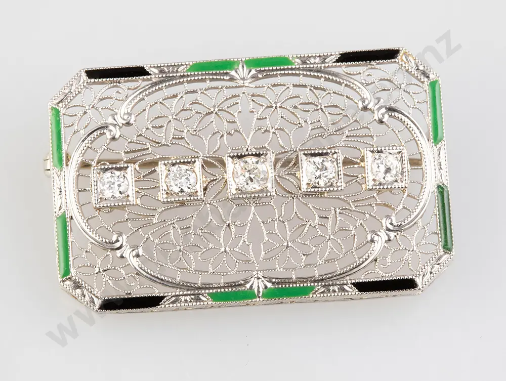 14ct White Gold Five Stone Diamond Filigree Brooch Image 1++