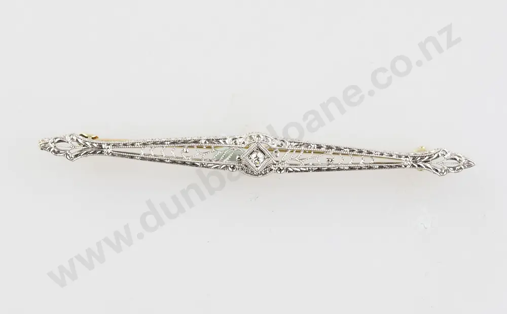 14ct White Gold SIngle Diamond Filigree Bar Brooch Image 1++
