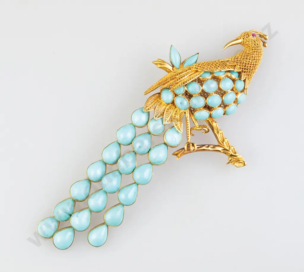14ct 39stone Turquoise Peacock Brooch Image 1++