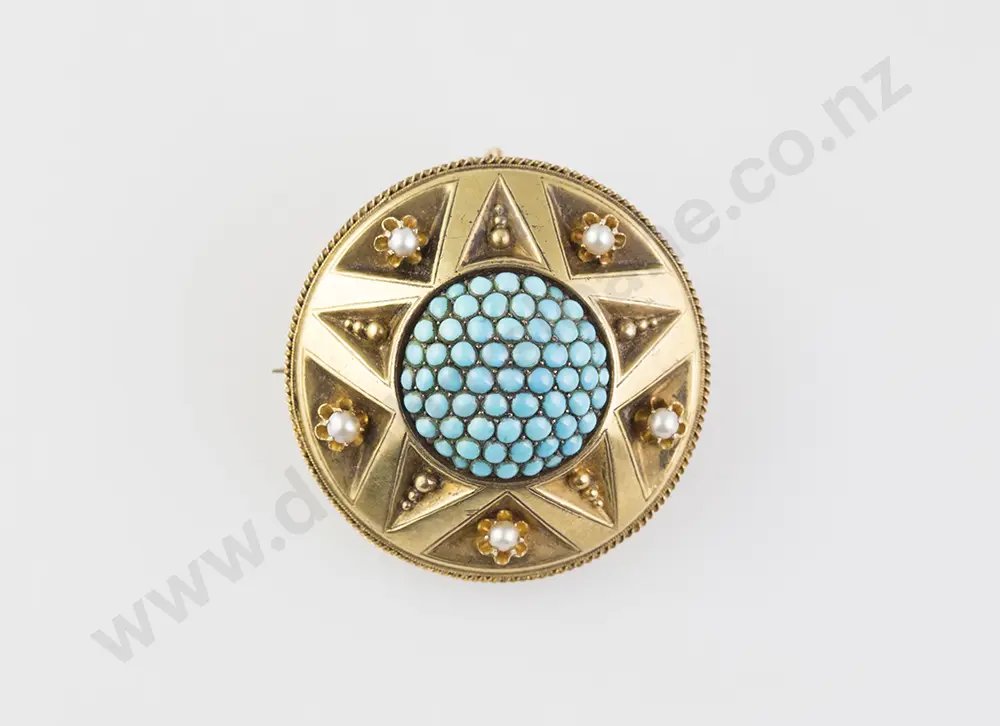 Victorian 15ct Gilt Turquoise & Pearl Target Brooch Image 1++