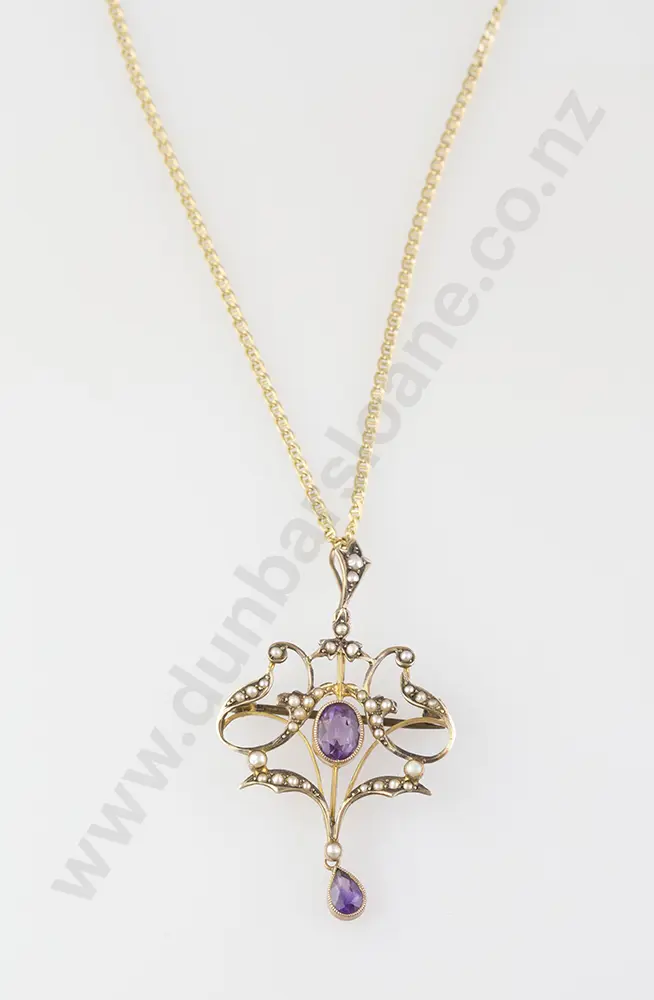 Edwardian 9ct Pearl & Amethyst Shield Pendant Image 1++