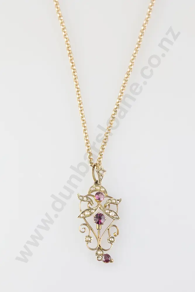 Edwardian 9ct Pearl & Spinel Shield Pendant Image 1++