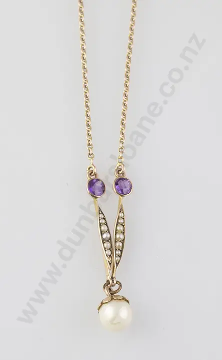 Edwardian 9ct Pearl & Amethyst Necklet Image 1++