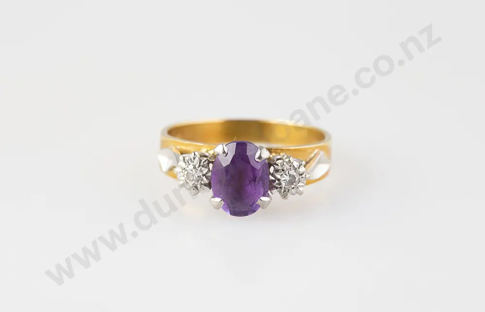 18ct Three Stone Amethyst & Diamond Ring Image 1++