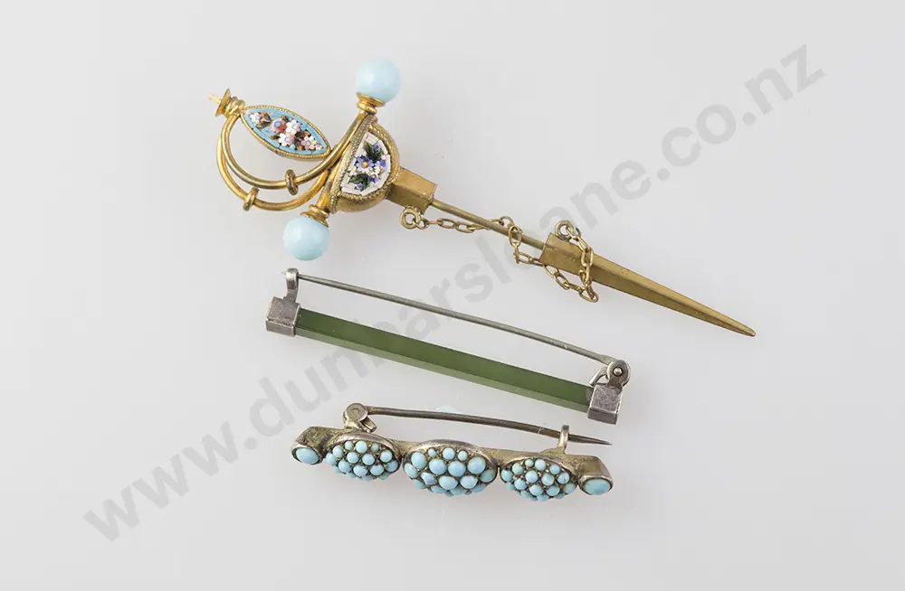 Vict Gilt Metal Mosaic Sword Brooch with greenstone bar brooch and turquoise cluster brooch Image 1++