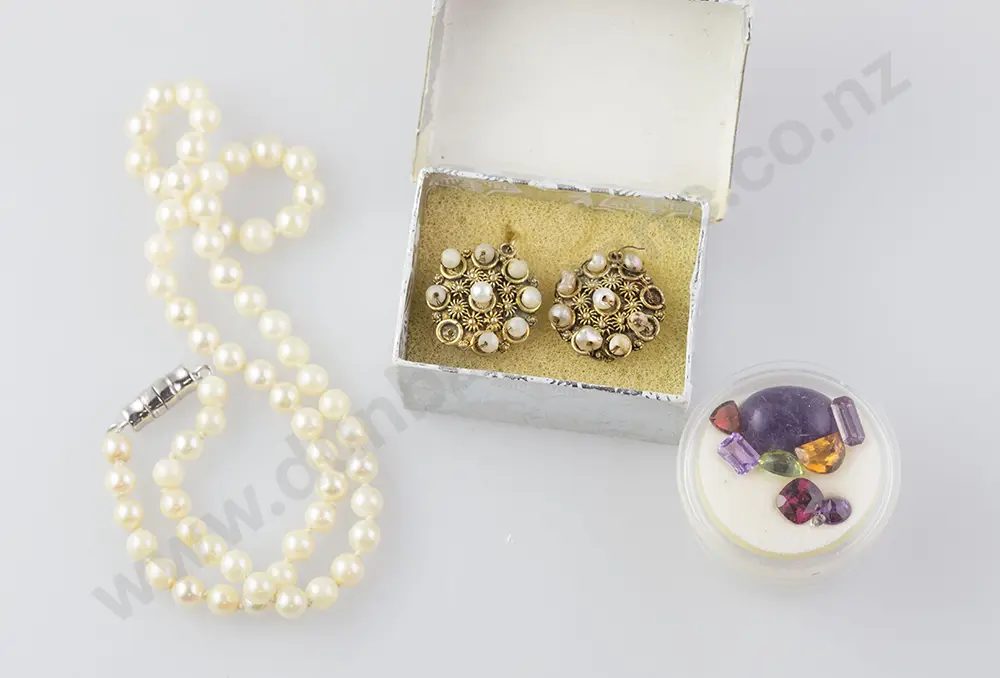 Single Strand Cultured Pearl Necklace with pearl cluster earrings and small qty loose gem stones Image 1++