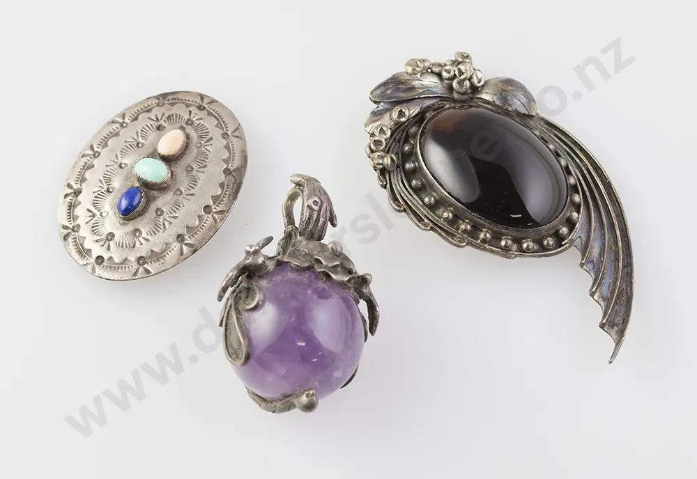 Silver Amethyst Pendant with two .925 silver brooches Image 1++