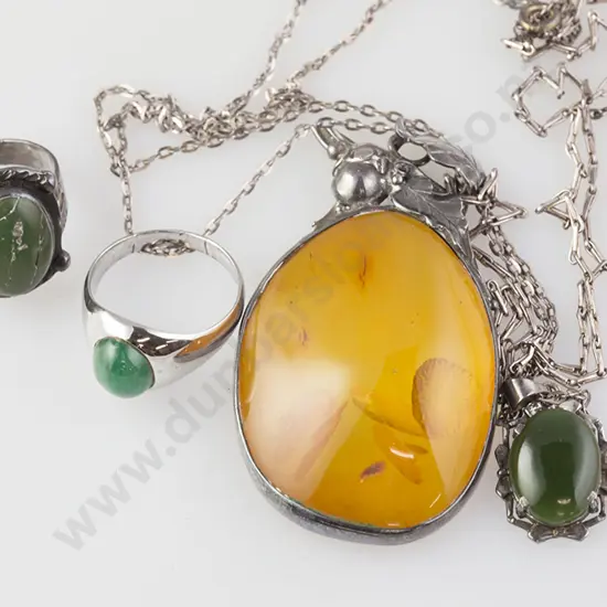 S/S & Amber Pendant greenstone pendant and two rings