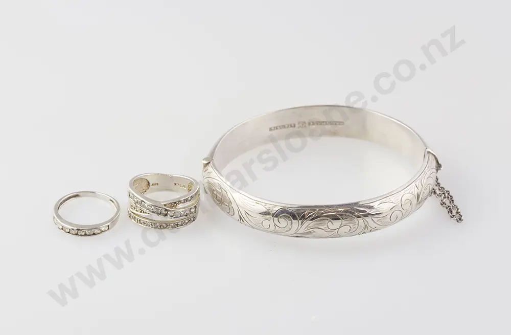 S/S Half Engraved Snap Bangle with cubic zirconia band ring and channel set ring Image 1++