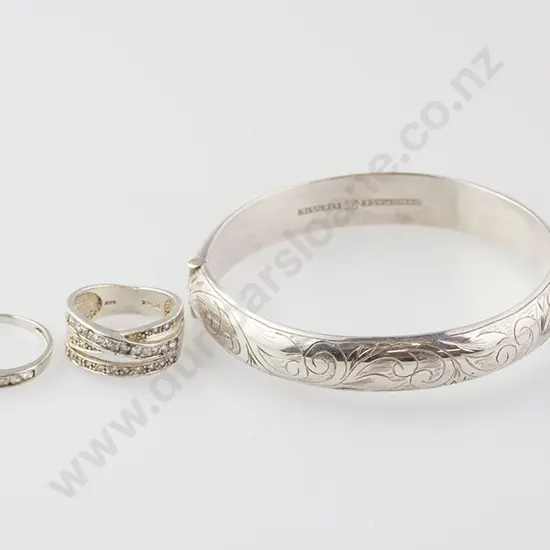 S/S Half Engraved Snap Bangle with cubic zirconia band ring and channel set ring