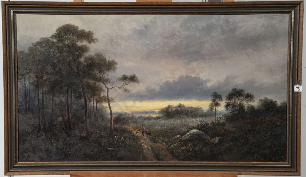 T R Attwood - Shepherd Herding Flock at Dusk Image 1++