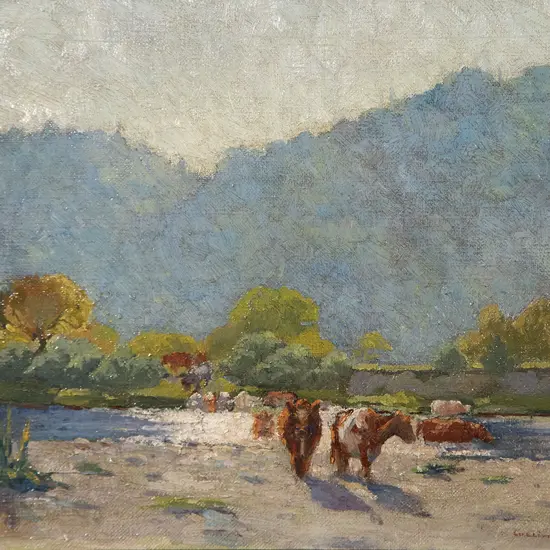 George Lewens - Cattle in River Silverstream